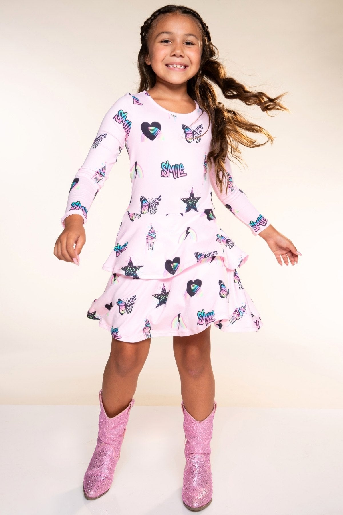 Simply Soft Long Sleeve Ruffle Skirt Dress - Light Pink Multi Rainbow Charms - NEW!