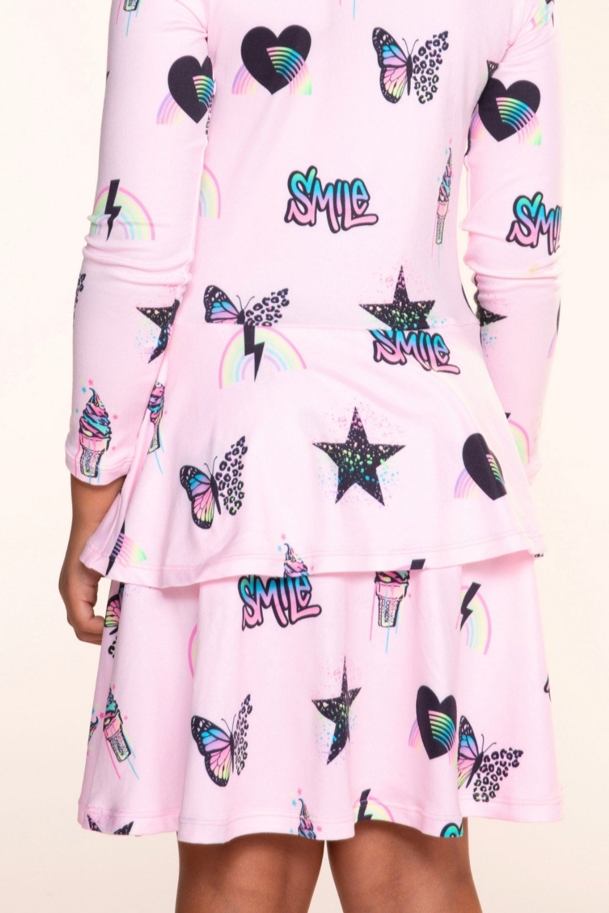 Simply Soft Long Sleeve Ruffle Skirt Dress - Light Pink Multi Rainbow Charms - NEW!