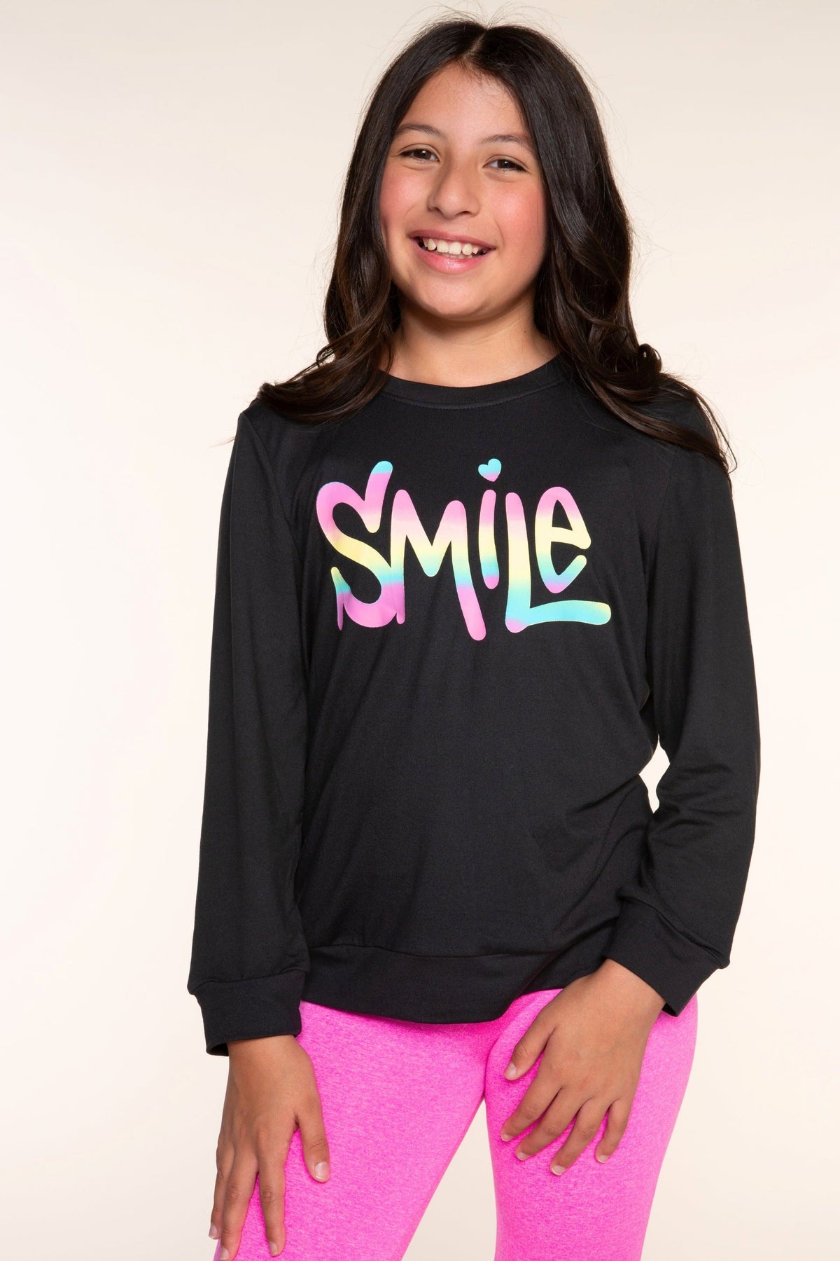 Simply Soft Long Sleeve Crew Top - Black Rainbow Gradient Smile - NEW