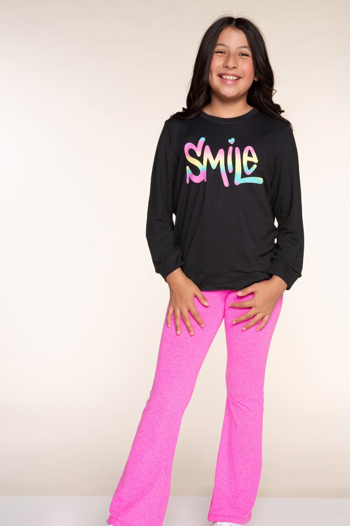 Simply Soft Long Sleeve Crew Top - Black Rainbow Gradient Smile - NEW