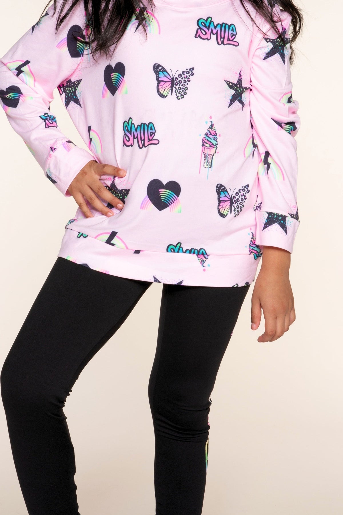 Simply Soft Long Sleeve Crew Top - Black Rainbow Gradient Smile - NEW