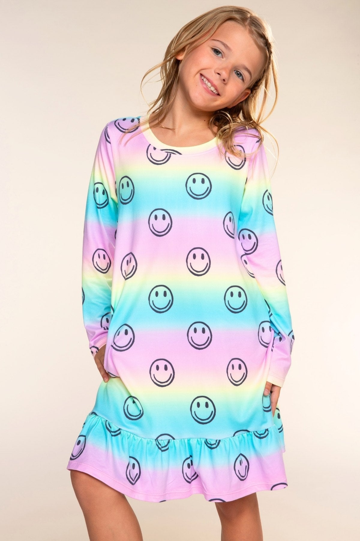 Simply Soft Long Sleeve Ruffle Lounge Dress - Rainbow Tie Dye Ring Pop - NEW!