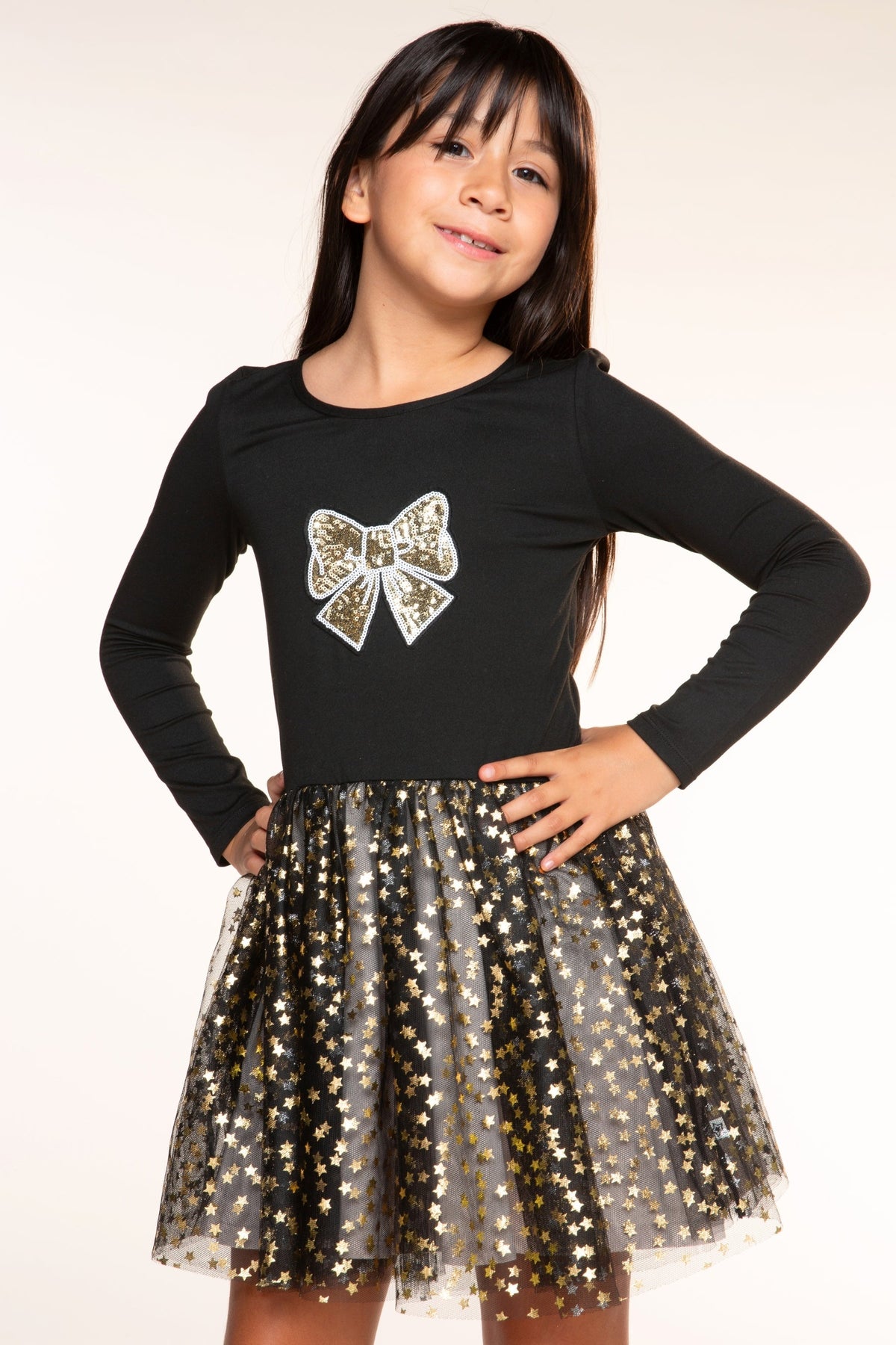Simply Soft Long Sleeve Ballet Be Happy Tulle Dress - Black Gold Sequin Bow Foil Star - NEW!