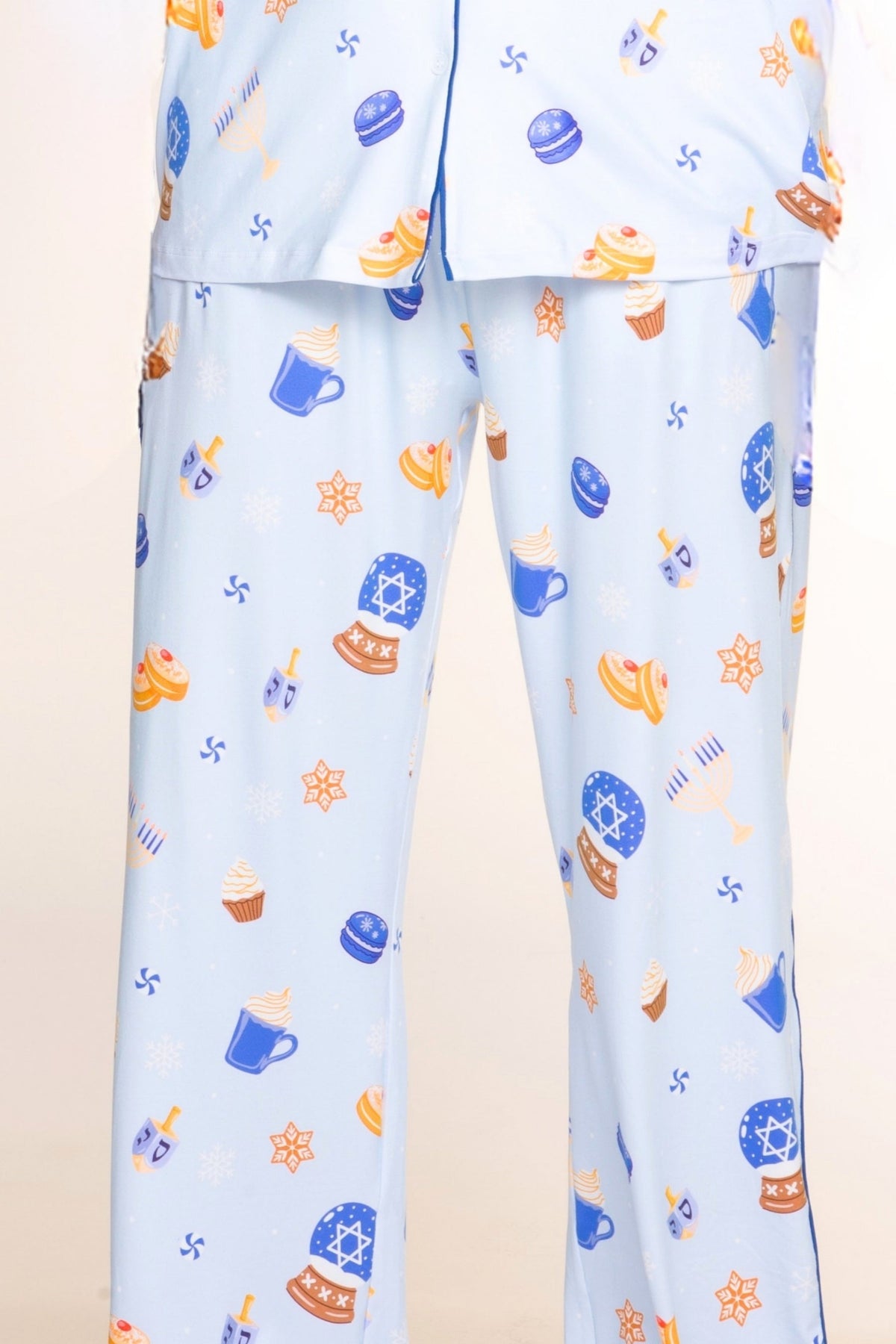Men's Long Sleeve Simply Soft Button Down Top & Karate Pant - Ice Blue Hanukkah - NEW!