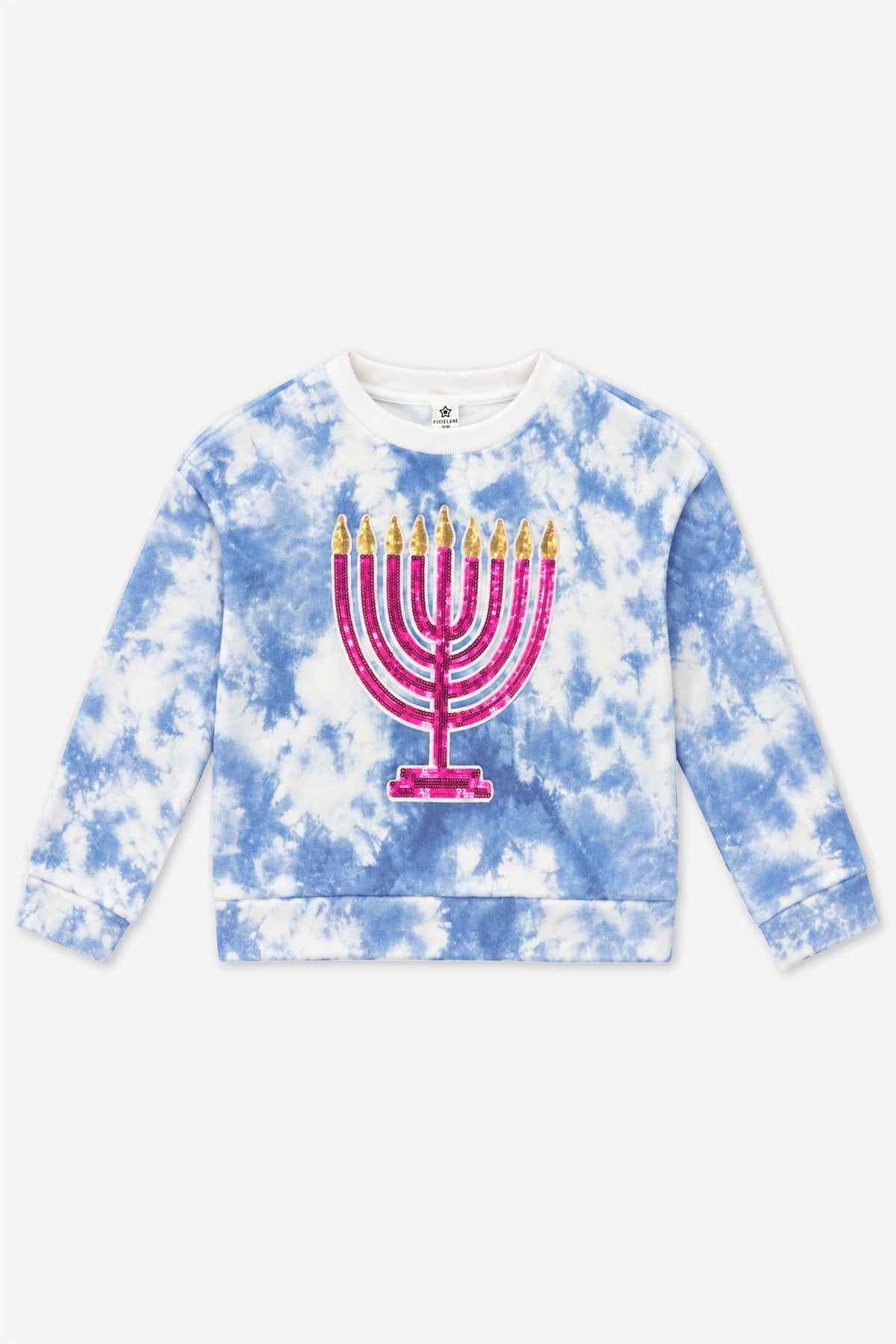 Cloud Soft French Terry Crew Sweatshirt - Blue Ivory Tie Dye Pink Menorah Sequin - NEW!
