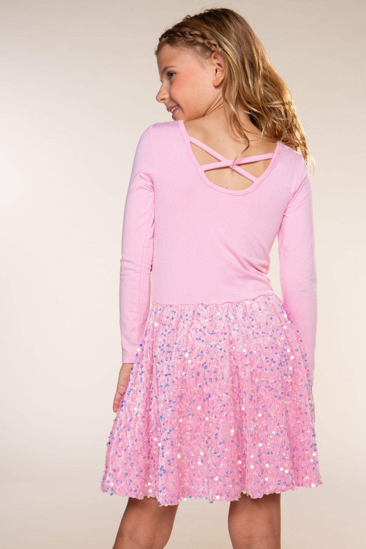 Simply Soft Long Sleeve Sequin Be Happy Dress - Hot Pink Black Sequin - NEW!
