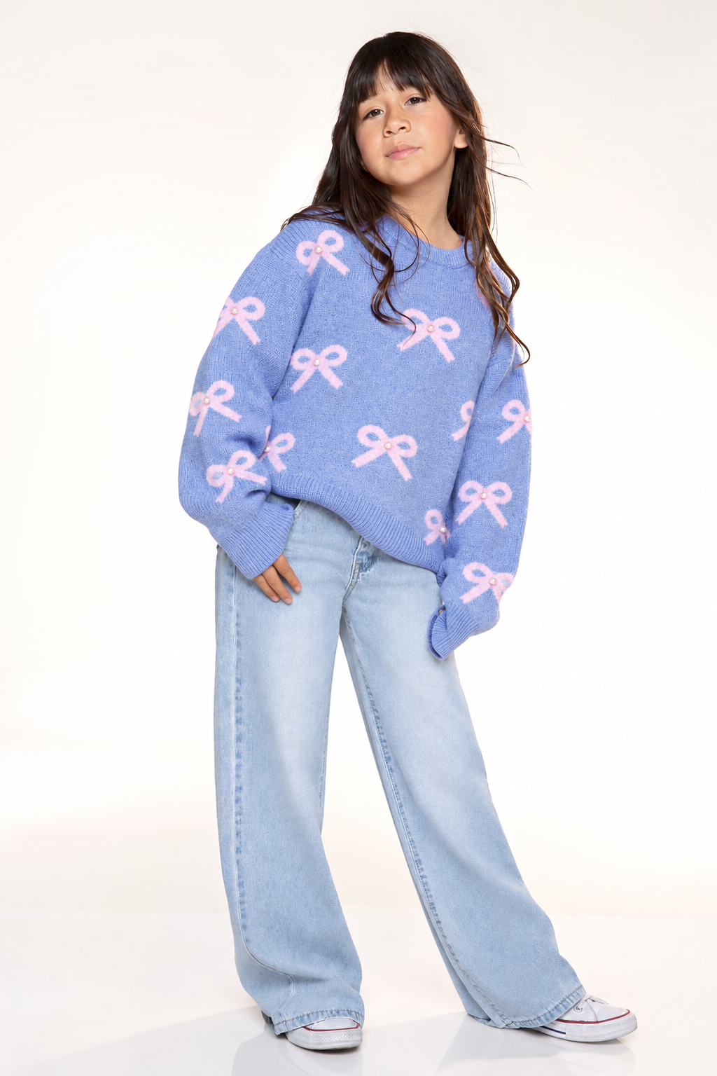 Yummy Soft Crew Shaker Sweater - Denim Blush Pearly Bows - NEW!