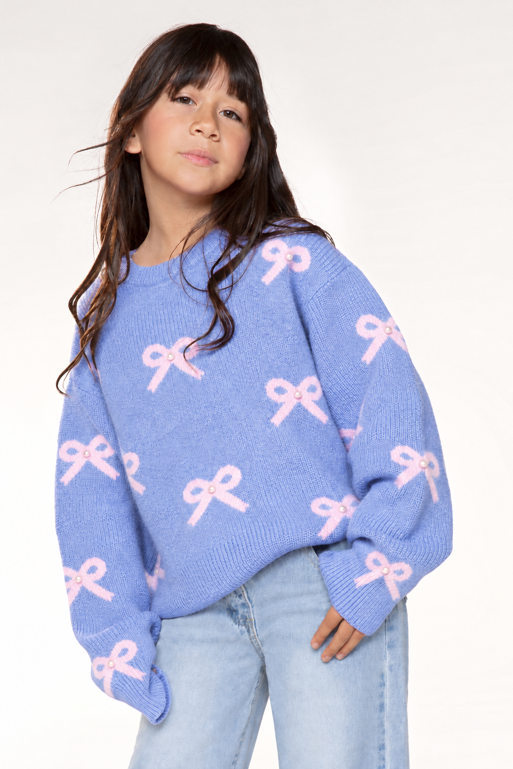 Yummy Soft Crew Shaker Sweater - Denim Blush Pearly Bows - NEW!