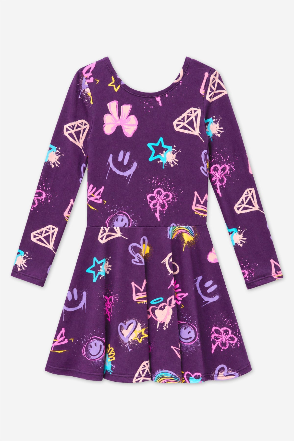 Simply Soft Long Sleeve Skater Dress - Dk Purple Rainbow Graffiti - NEW!