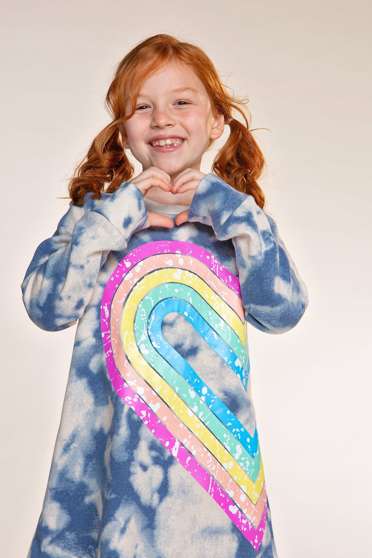Cloud Soft French Terry Swing Dress - Denim Tie Dye Rainbow Heart - NEW!