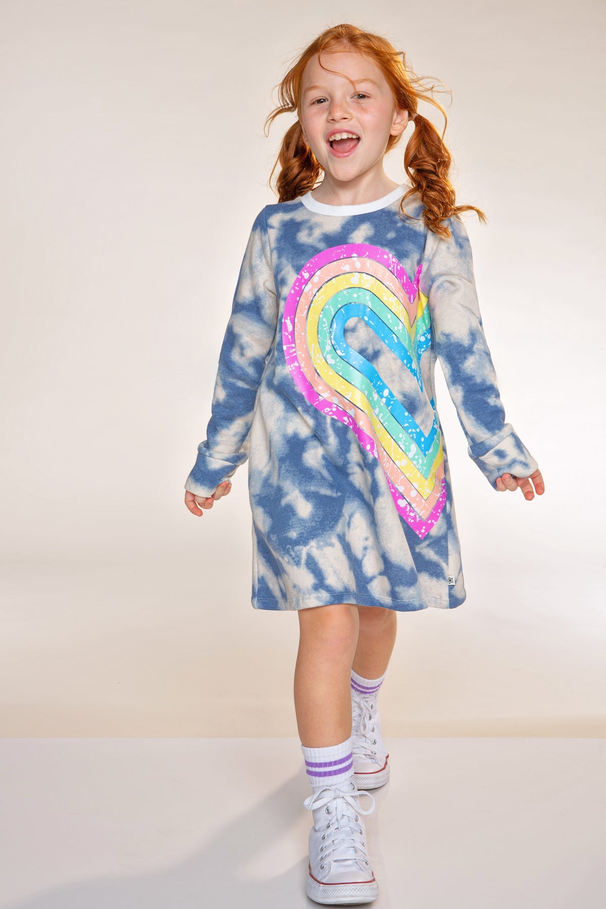 Cloud Soft French Terry Swing Dress - Denim Tie Dye Rainbow Heart - NEW!