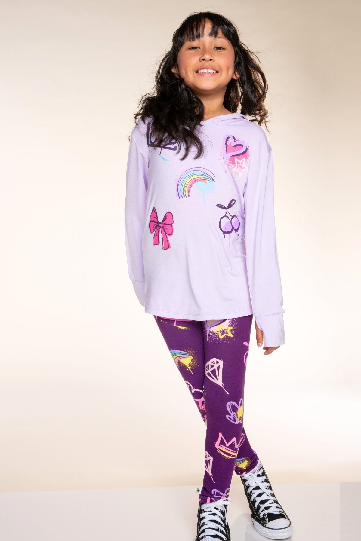 Modal Knit Hoodie Pullover W/Thumbholes - Lavender Rainbow Graffiti - NEW!