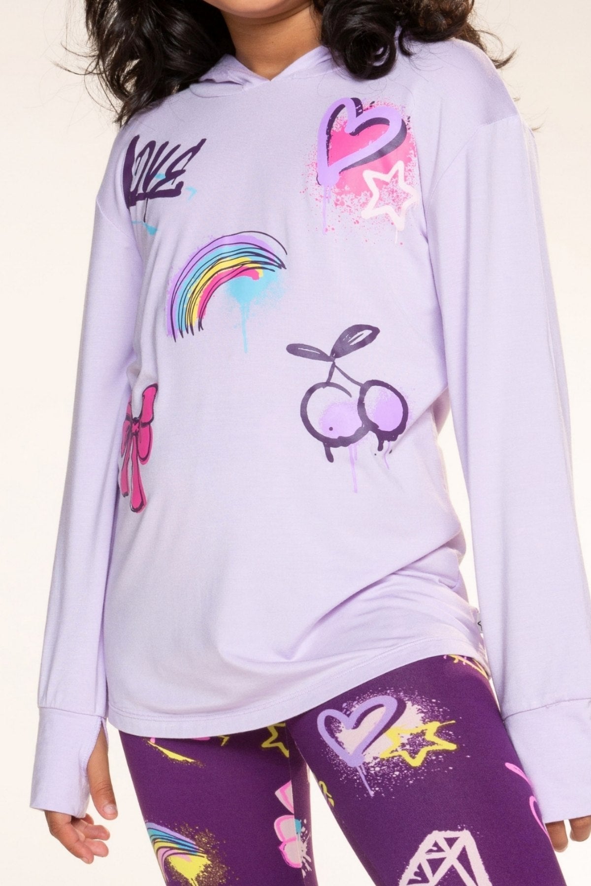Modal Knit Hoodie Pullover W/Thumbholes - Lavender Rainbow Graffiti - NEW!