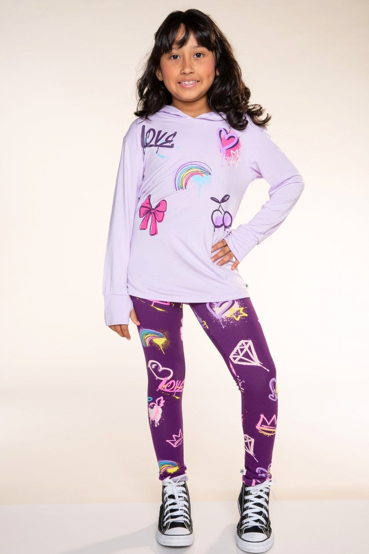 Modal Knit Hoodie Pullover W/Thumbholes - Lavender Rainbow Graffiti - NEW!