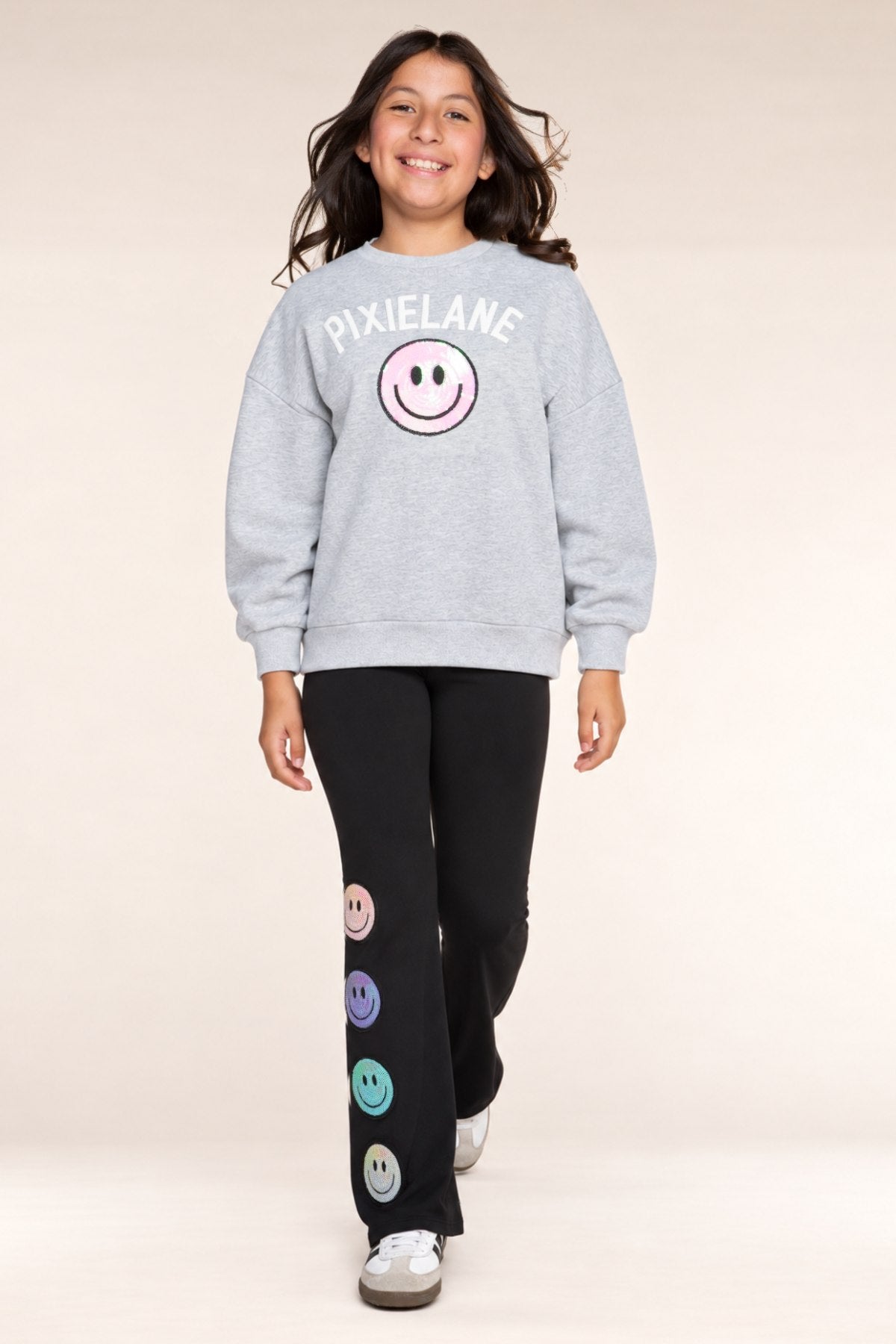 Cloud Soft French Terry Heavyweight Long Sleeve Crew Sweatshirt - Heather Grey PixieLane Sequin Smile - NEW!