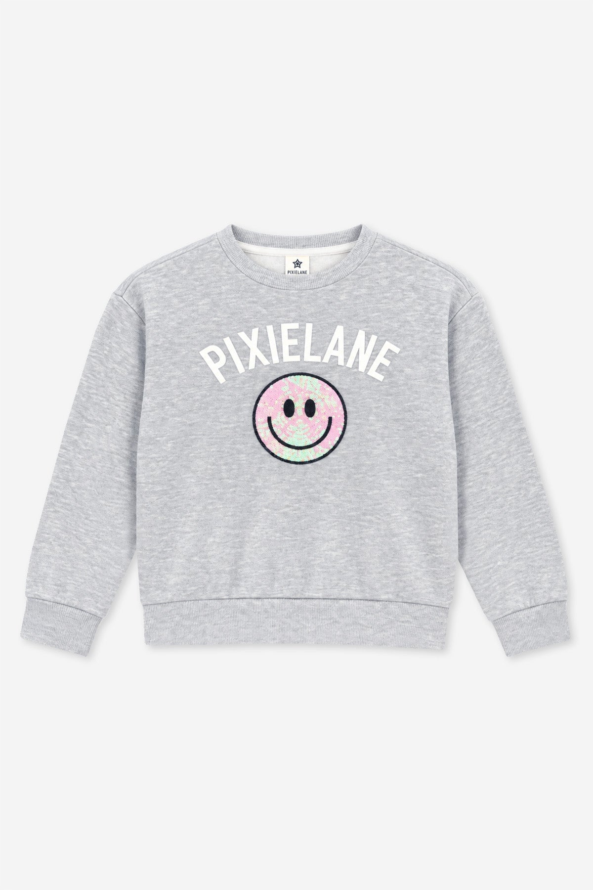 Cloud Soft French Terry Heavyweight Long Sleeve Crew Sweatshirt - Heather Grey PixieLane Sequin Smile - NEW!