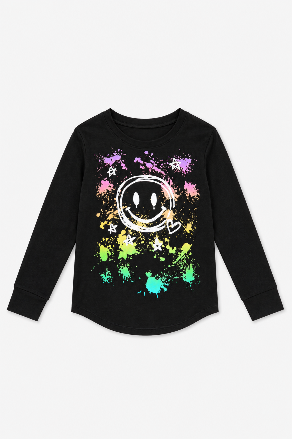 Modal Long Sleeve Shirttail Top - Black Smile Rainbow Splatter - NEW!