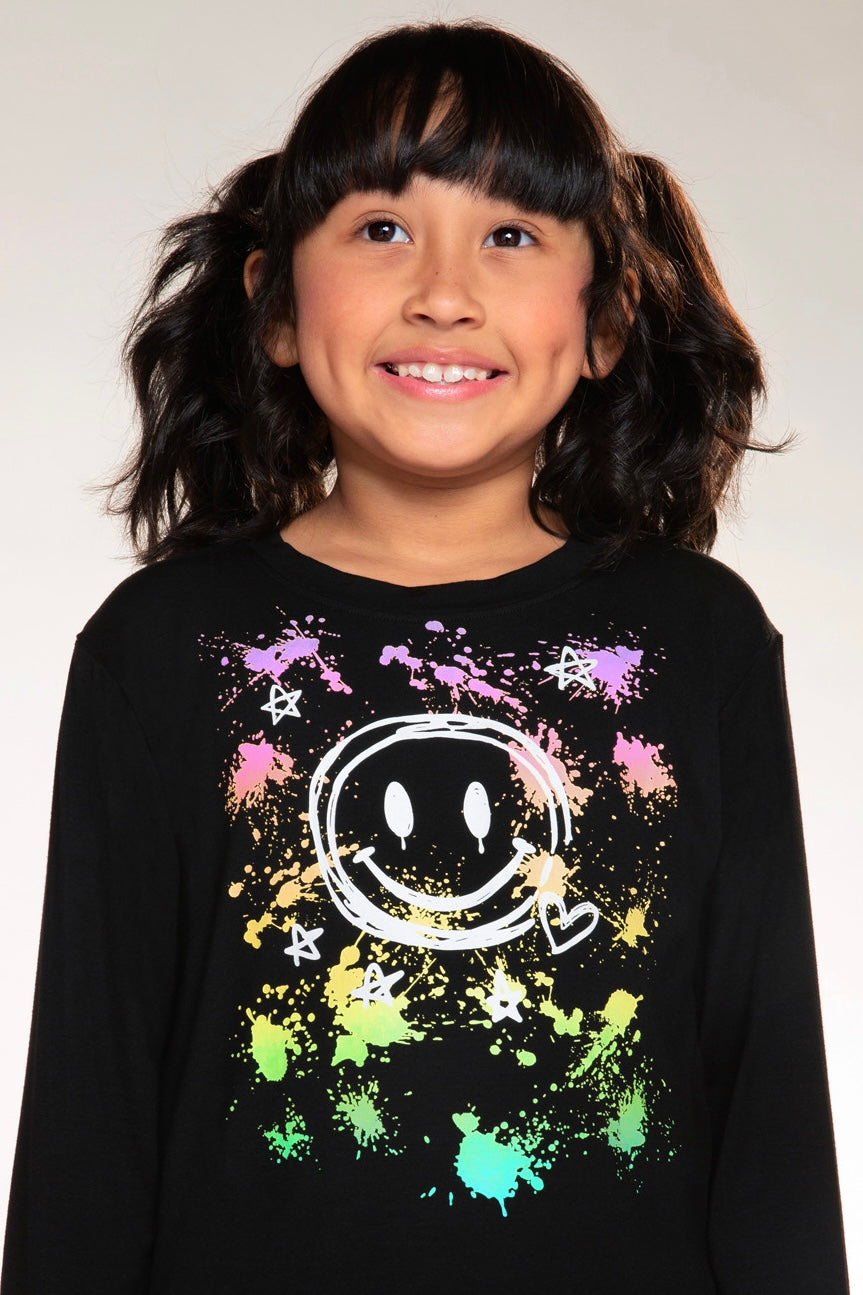 Modal Long Sleeve Shirttail Top - Black Smile Rainbow Splatter - NEW!