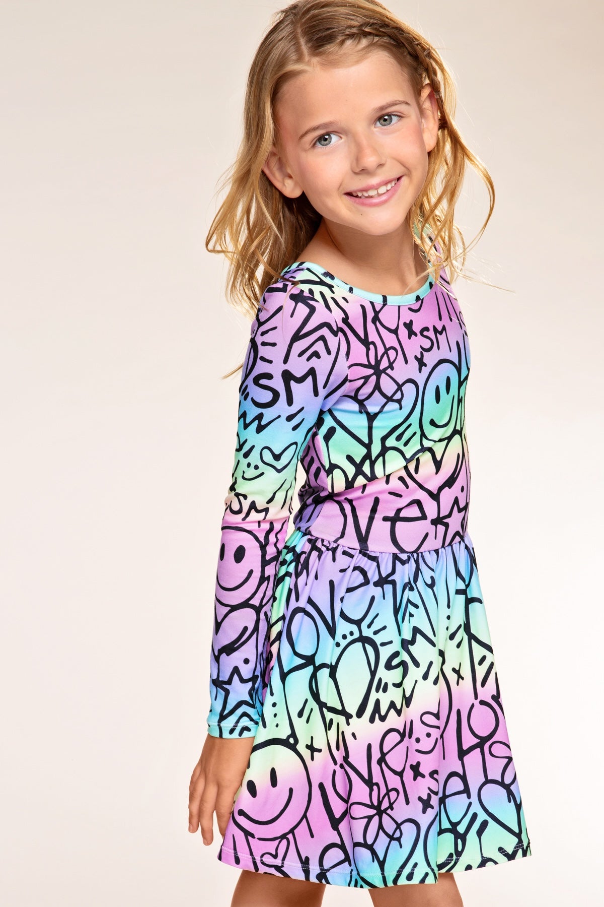 Simply Soft Long Sleeve Scoop Back Be Happy Dress - Rainbow Ombre Love Smile Graffiti - NEW!