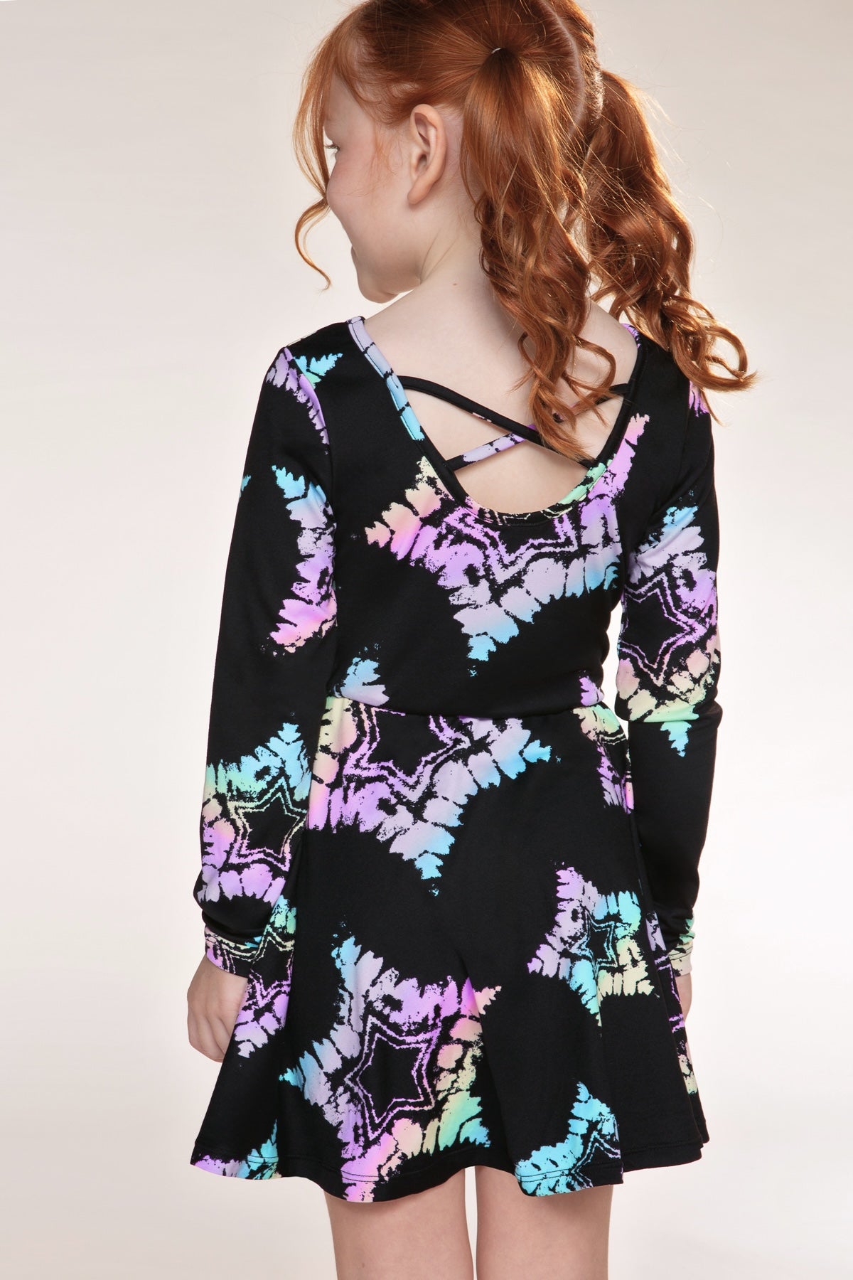 Simply Soft Long Sleeve Skater Dress - Black Rainbow Tie Dye Star - NEW!