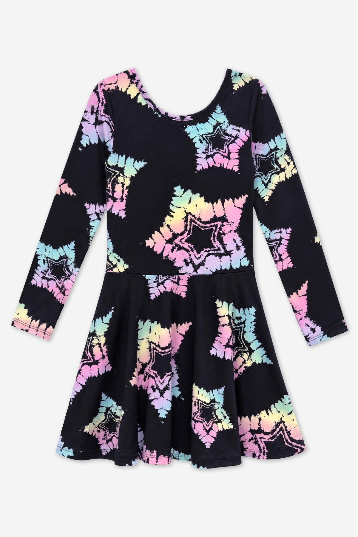 Simply Soft Long Sleeve Skater Dress - Black Rainbow Tie Dye Star - NEW!