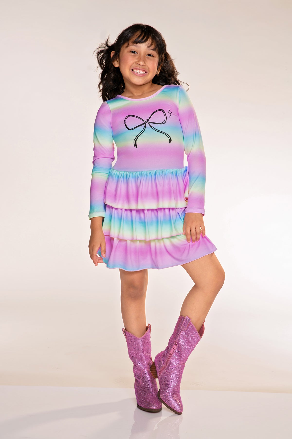 Simply Soft Long Sleeve Triple Ruffle Skirt Dress - Rainbow Gradient Bow - NEW!