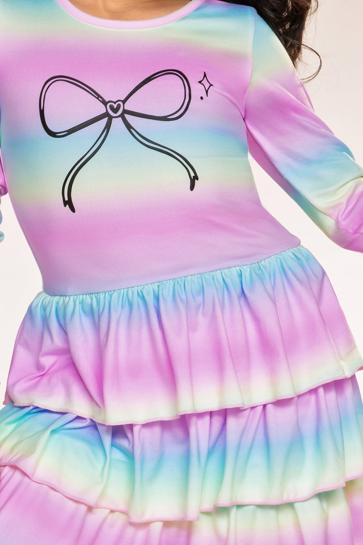 Simply Soft Long Sleeve Triple Ruffle Skirt Dress - Rainbow Gradient Bow - NEW!