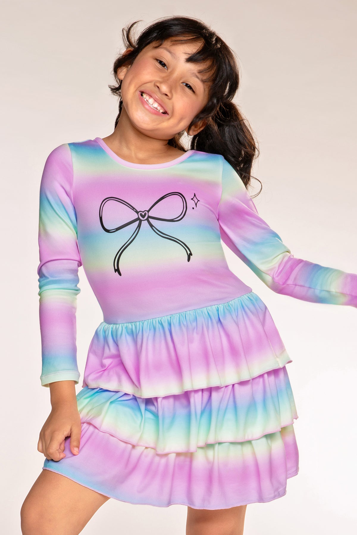 Simply Soft Long Sleeve Triple Ruffle Skirt Dress - Rainbow Gradient Bow - NEW!