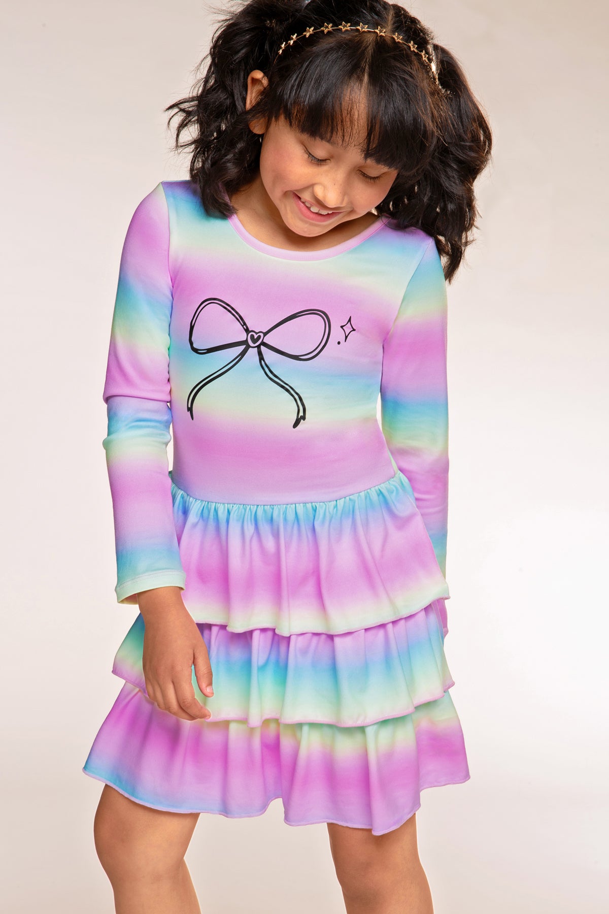 Simply Soft Long Sleeve Triple Ruffle Skirt Dress - Rainbow Gradient Bow - NEW!