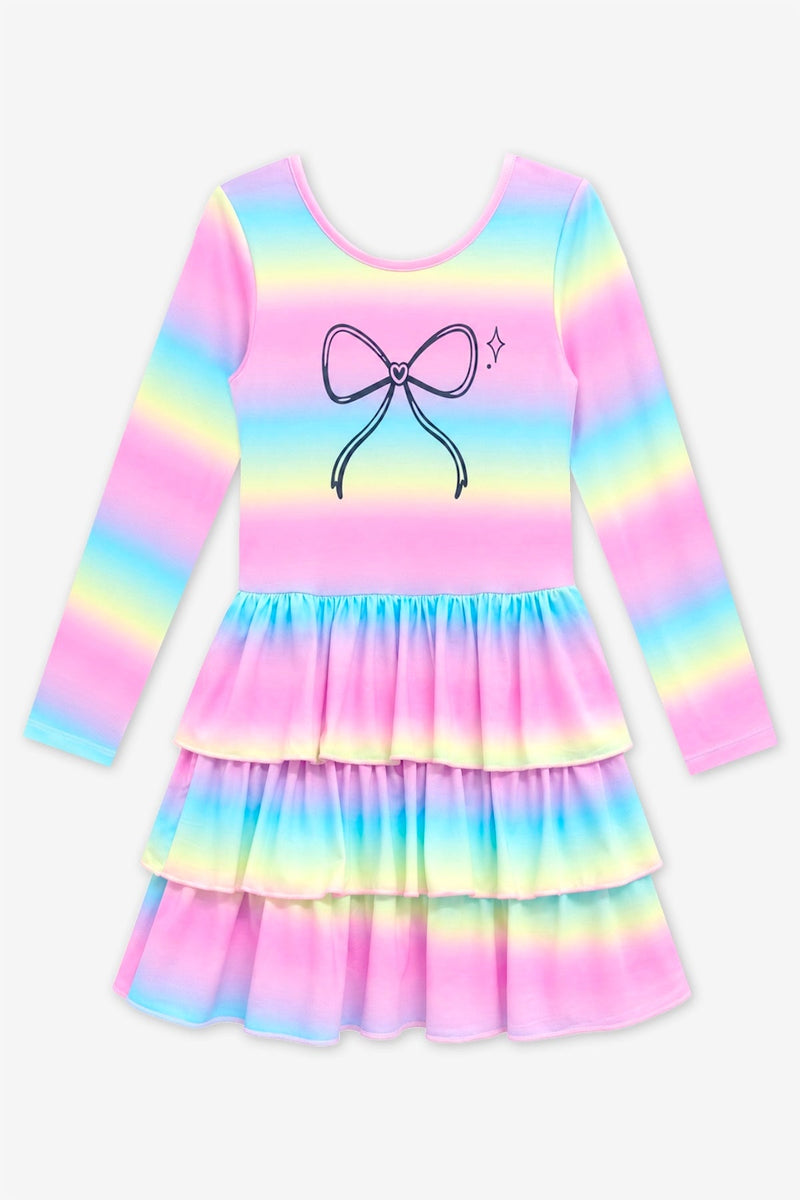 Simply Soft Long Sleeve Triple Ruffle Skirt Dress - Rainbow Gradient Bow - NEW!