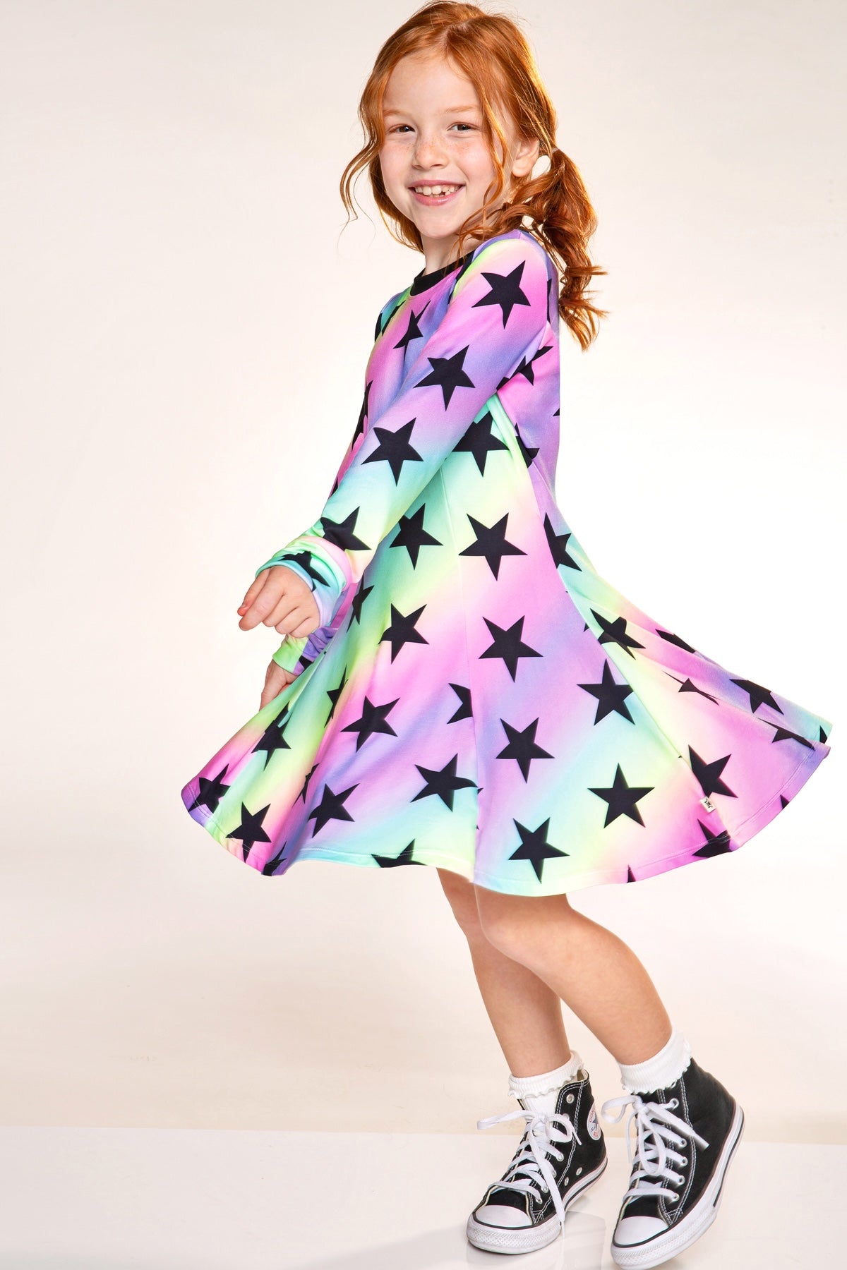 Simply Soft Long Sleeve Twirl Dress - Rainbow Star - NEW!
