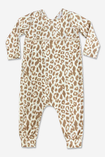 Baby Doll Long Sleeve Romper - Ivory Taupe Leopard - Ivory Taupe Leopard