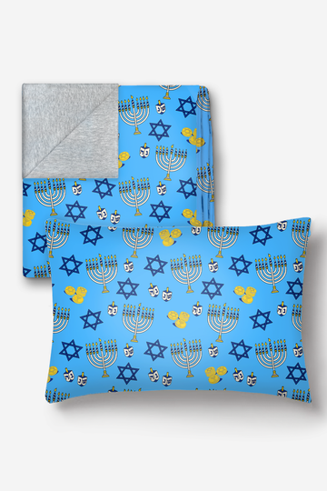 Blanket & Pillowcase Bundle - Blue Gold Hannukah