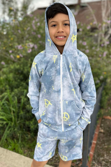 French Terry Zip Hoodie - Denim Tie Dye Emojis