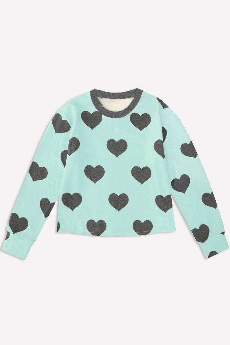 French Terry Easy Crew Sweatshirt - Ice Mint Charcoal Hearts