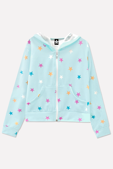 French Terry Easy Zip Hoodie - Ice Mint Pink Stars