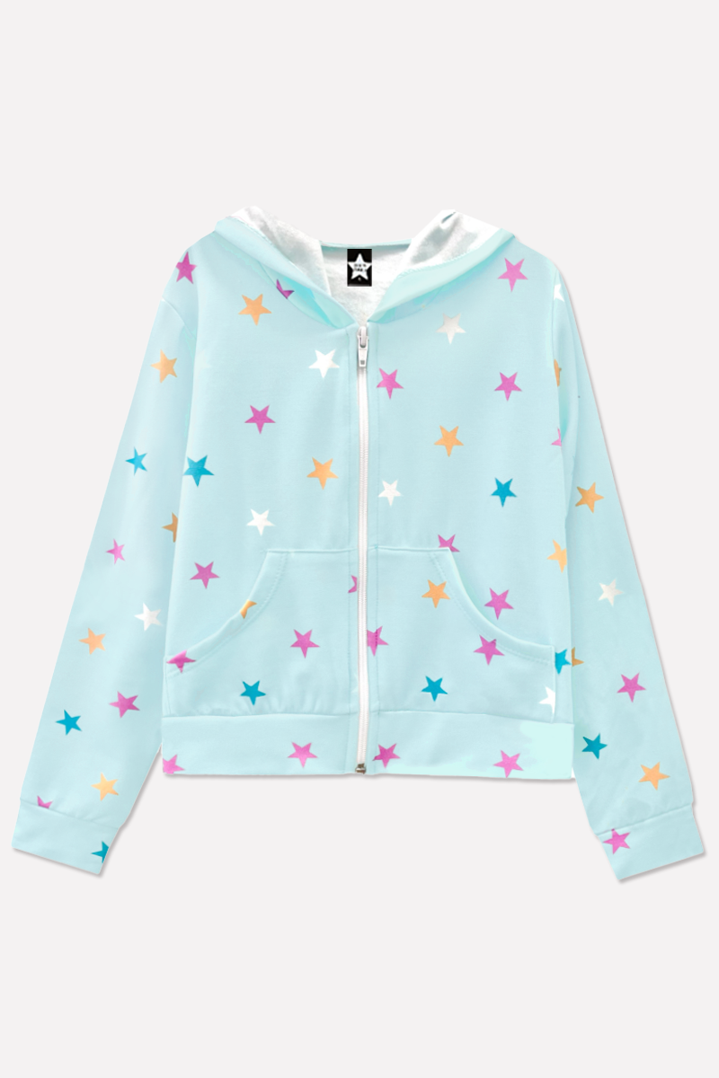 French Terry Easy Zip Hoodie - Ice Mint Pink Stars