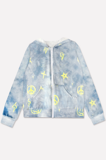 French Terry Zip Hoodie - Denim Tie Dye Emojis