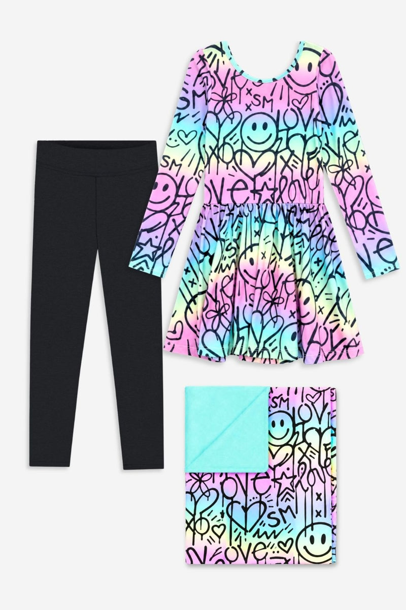 Gift Set - Simply Soft Dress, Liquid Legging & Cozy Blanket - Rainbow Ombre Love Smile Graffiti | Black - NEW!
