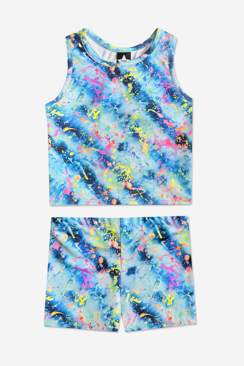 High Shine Cropped Racerback Tank & Tumble Short - Denim Neon Splatter