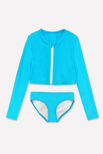 High Shine Plus Cropped Zip Rashguard & Bottom - Neon Aqua - Neon Aqua