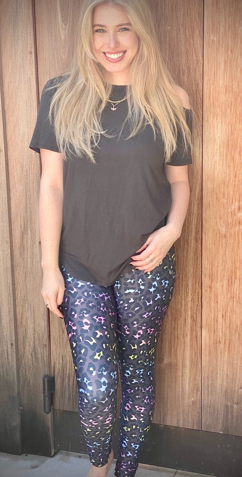 Women's High Shine Long Legging - Charcoal Rainbow Leopard