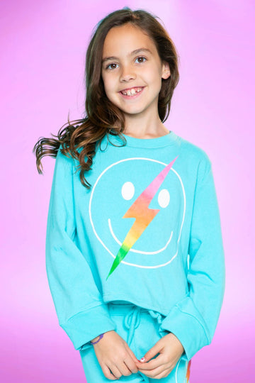 Cotton Soft French Terry Easy Crew Sweatshirt - Neon Turquoise Bolt Smile