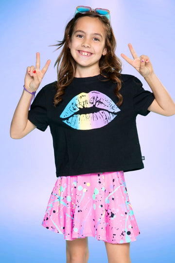 Washed Cotton Drop Shoulder Tee - Black Rainbow Kiss