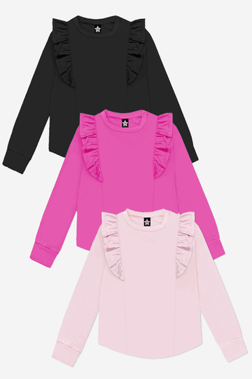 Modal Long Sleeve Ruffle Shirttail Multi-Pack - Black Wild Pink Blush - Black Wild Pink Blush