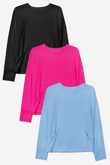 Modal Long Sleeve Pocket Tee Multi-Pack - Black Hot Pink Chambray - Black Hot Pink Chambray