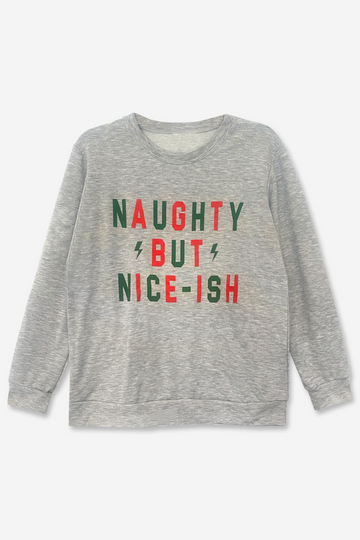 Long Sleeve Crew Sweatshirt - Heather Grey Naughty Nice - Heather Grey Naughty Nice