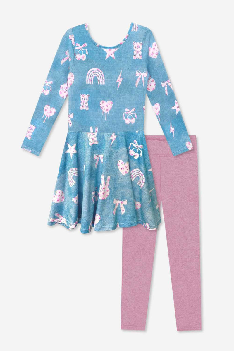 2 Pack Pretty Pink Floral Emoji Dress & Legging Set - Denim Floral Mauve - NEW!