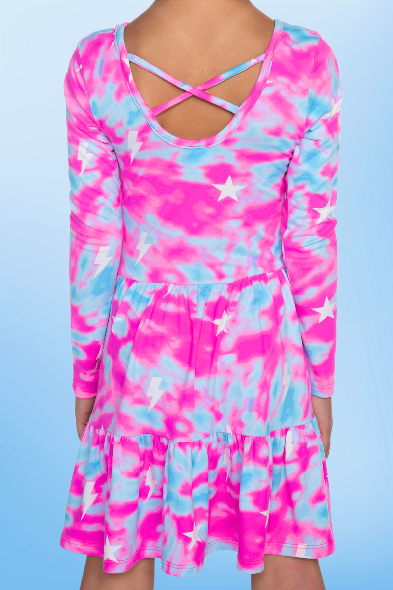 Simply Soft Long Sleeve Tiered Dress - Pink Aqua Star Bolts