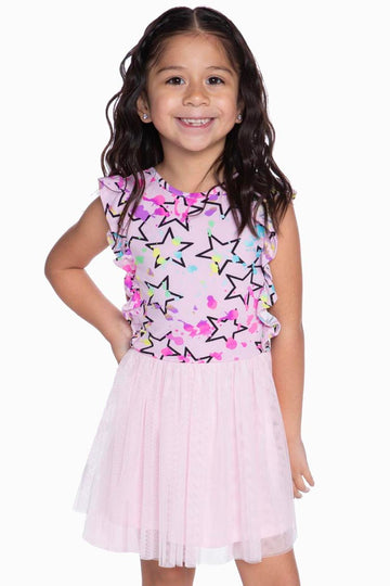 SIMPLY SOFT RUFFLE TULLE BE HAPPY DRESS - BLUSH SPLATTER STAR